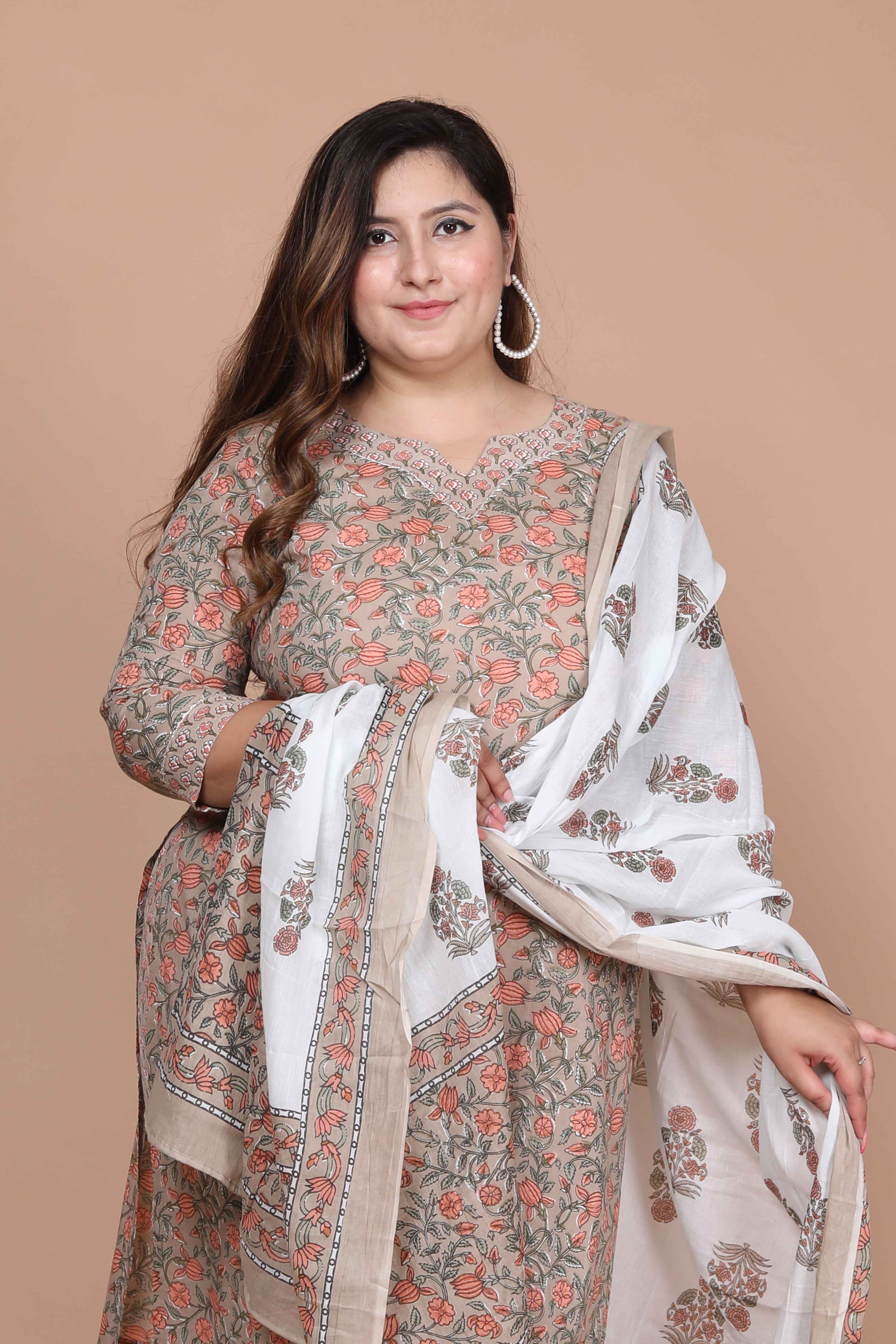 Brown Printed Pure Cotton Straight Kurta with Palazzo and Dupatta Set